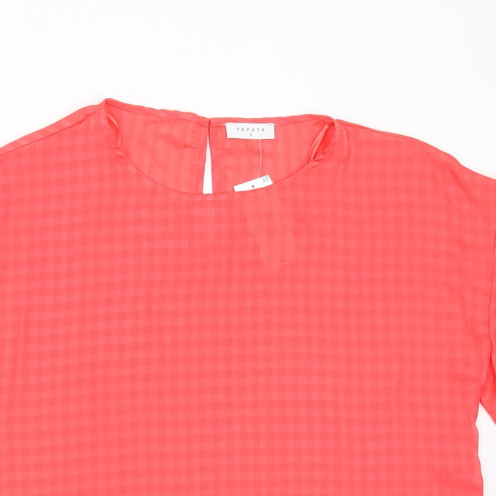 Papaya Womens Pink Check Polyester Basic Blouse Size S Round Neck