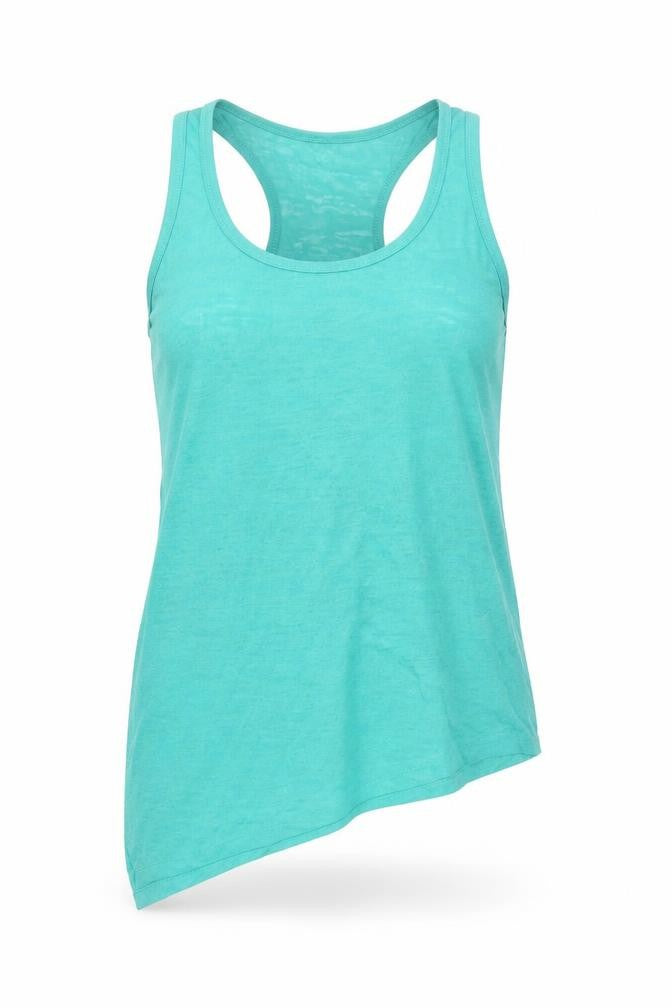 Front view of FASHION PRIDE women’s green polyester basic tank, size UK 12, round neck - asymmetric hem