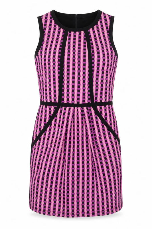 Front view of Awear women’s purple geometric polyester shift, size UK 10, round neck
