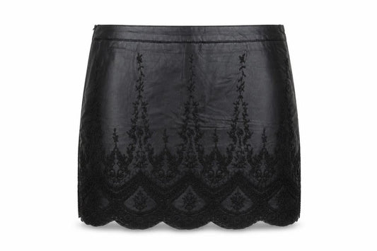 Front view of Bikbok women’s black floral polyester mini skirt, size M, - embroidered detail