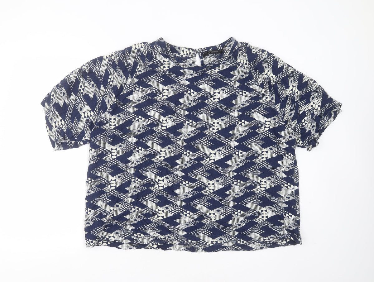Additional front view of cassiopeia women’s blue geometric viscose basic blouse, size XL, round neck