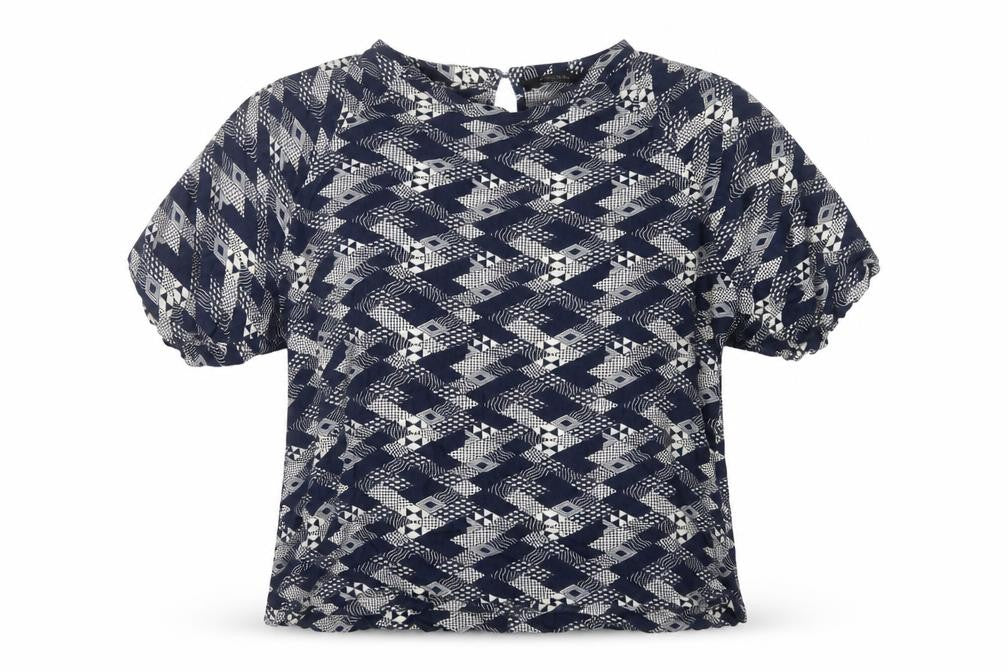 Front view of cassiopeia women’s blue geometric viscose basic blouse, size XL, round neck