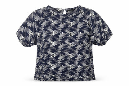 Front view of cassiopeia women’s blue geometric viscose basic blouse, size XL, round neck