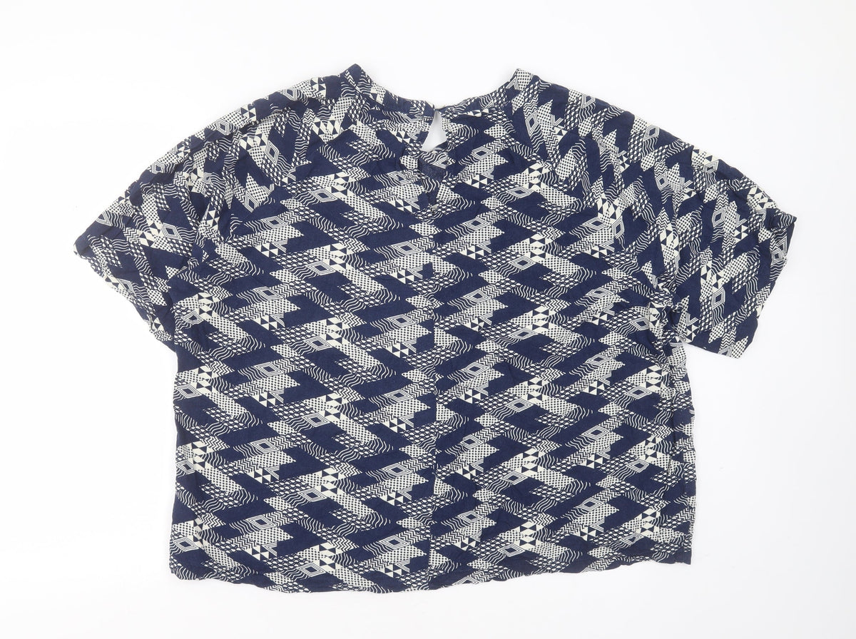 Back view of cassiopeia women’s blue geometric viscose basic blouse, size XL, round neck