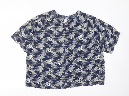 Back view of cassiopeia women’s blue geometric viscose basic blouse, size XL, round neck