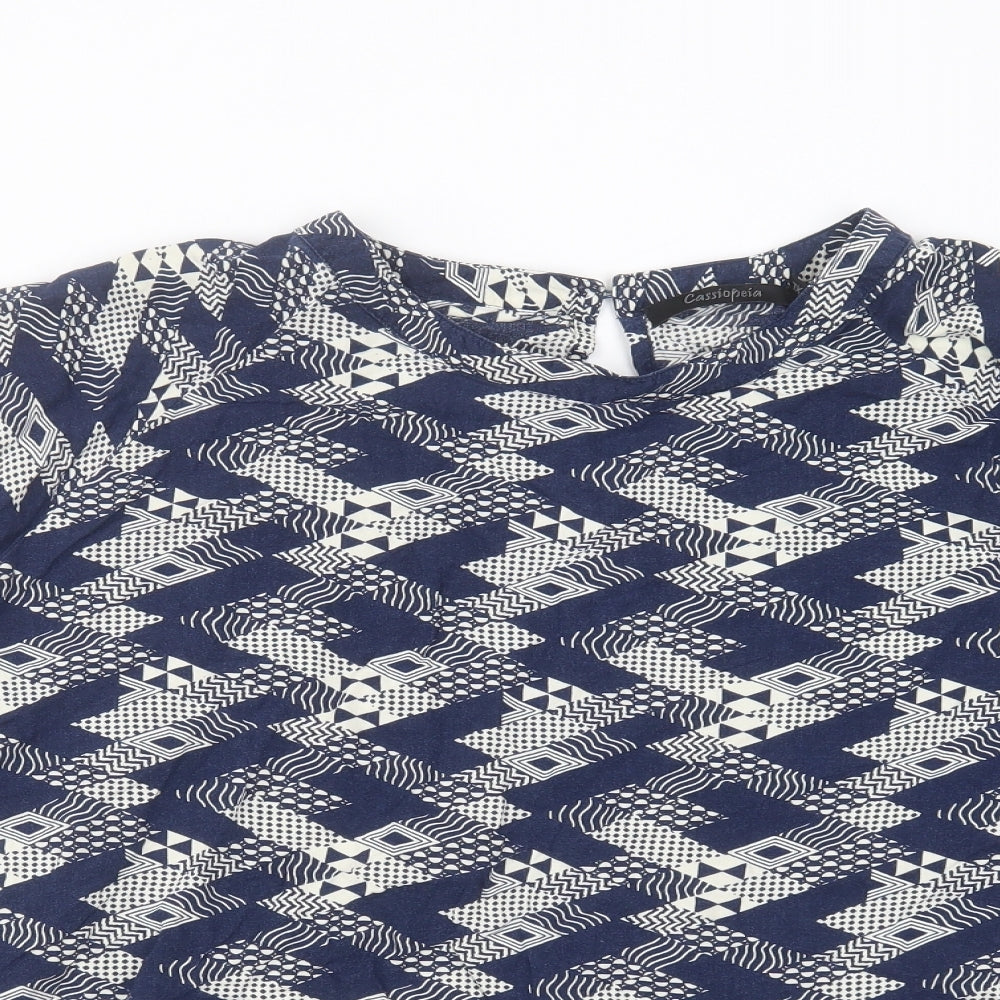 Close-up detail of cassiopeia women’s blue geometric viscose basic blouse, size XL, round neck