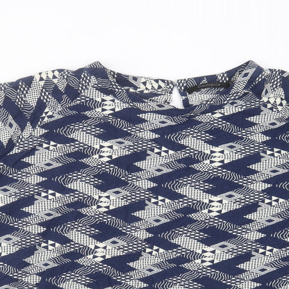 Close-up detail of cassiopeia women’s blue geometric viscose basic blouse, size XL, round neck