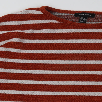 Close-up detail of New Look women’s brown striped polyester pullover sweatshirt, size M, pullover