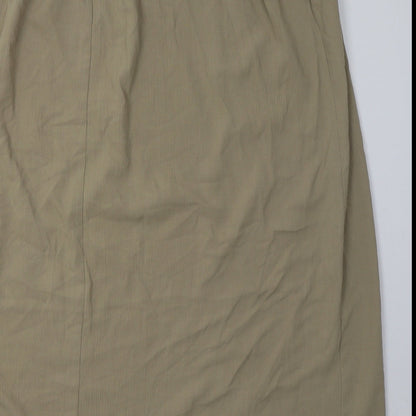 Brand and care label for Evans women’s beige polyester a-line skirt, size UK 22, tie