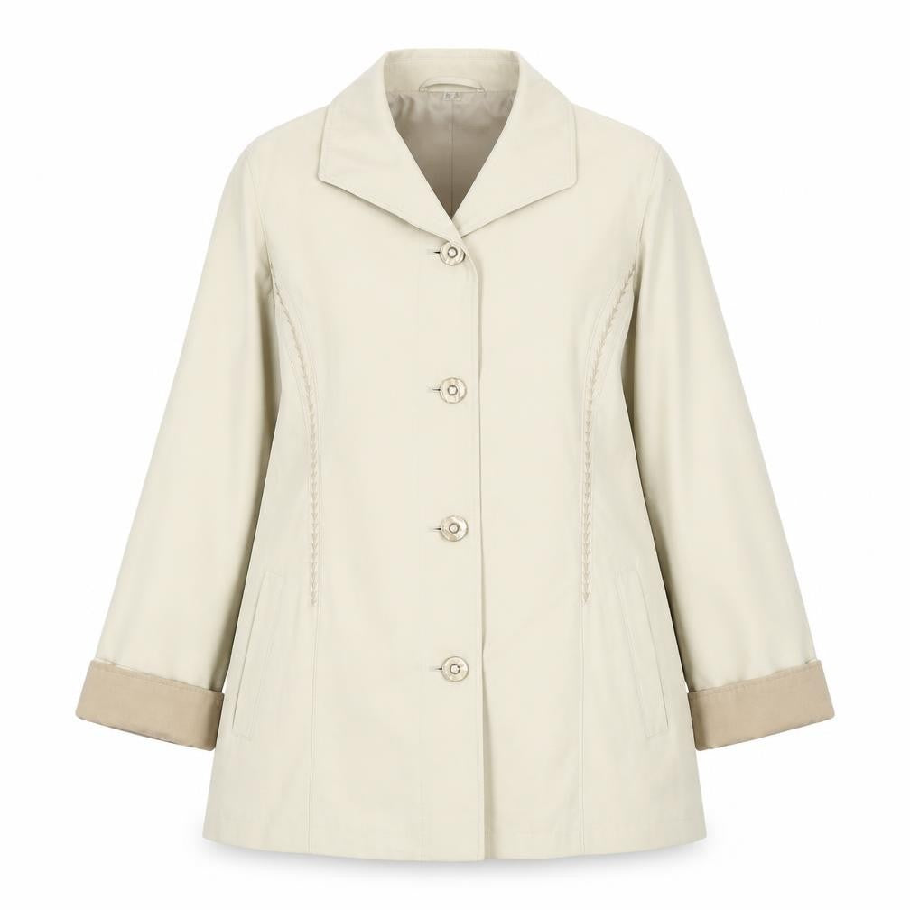 Front view of Isabell women’s beige overcoat coat, size UK 12, button