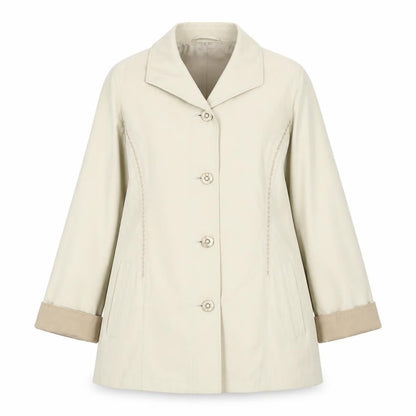 Front view of Isabell women’s beige overcoat coat, size UK 12, button