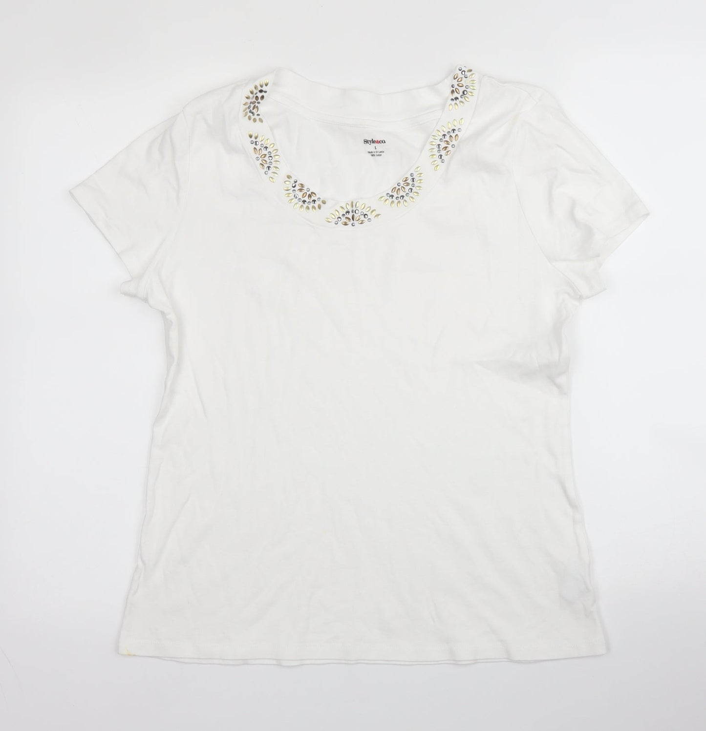 Style & Co Womens White  Cotton Basic Blouse Size L Round Neck