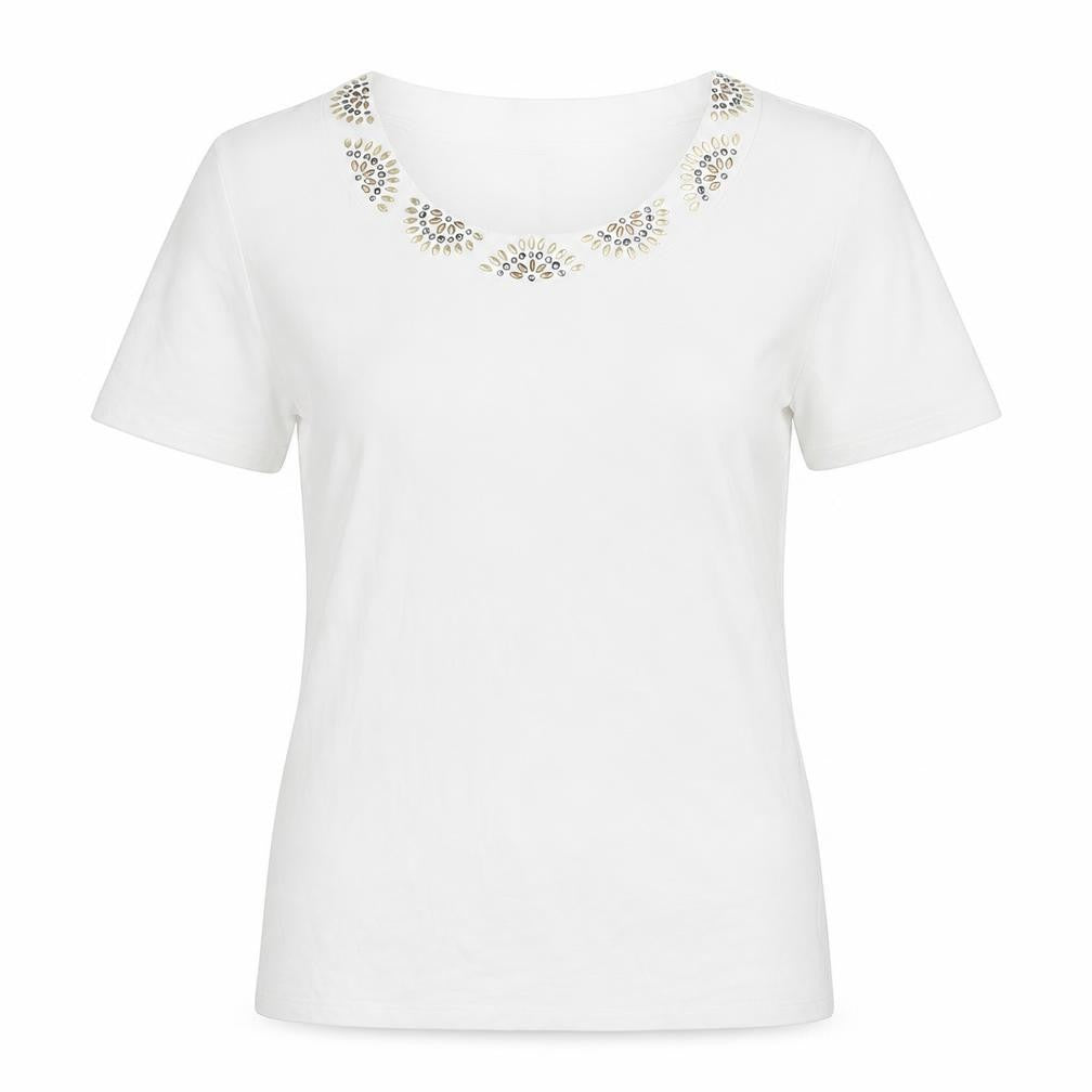 Front view of Style & Co women’s white cotton basic blouse, size L, round neck