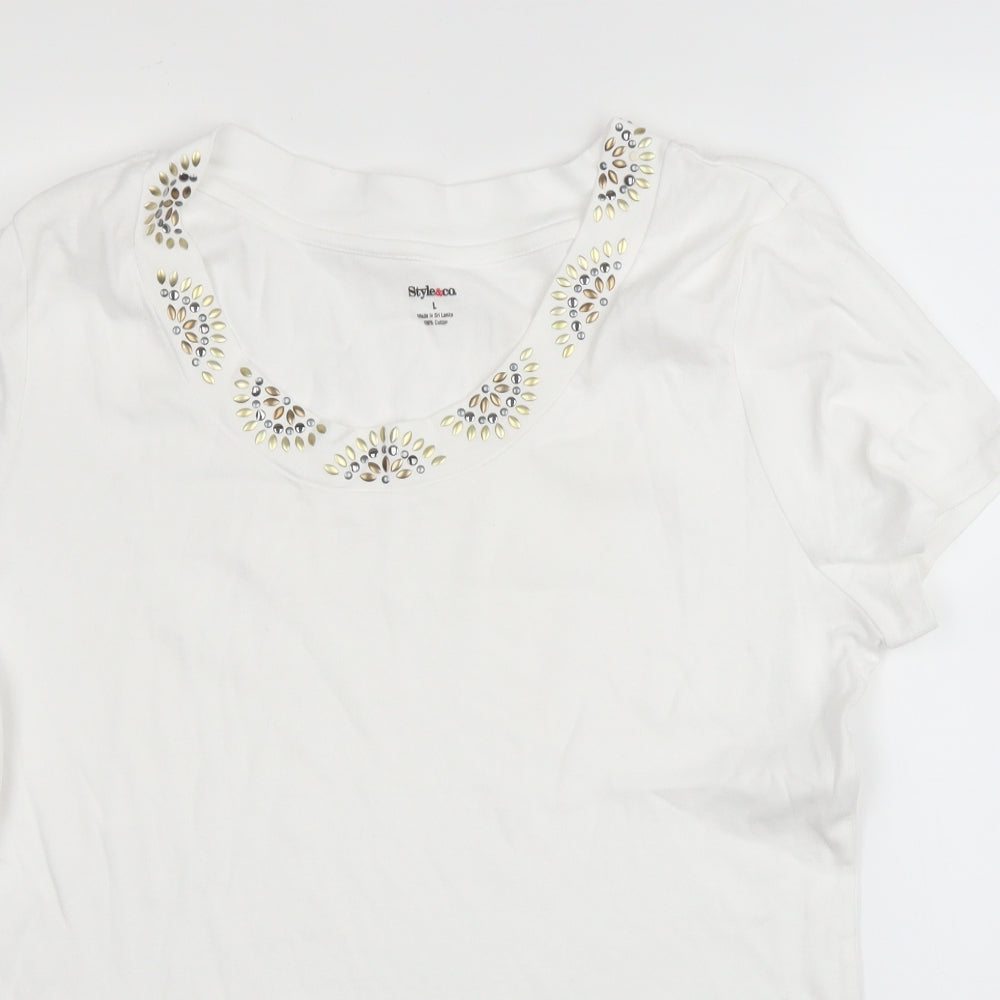 Style & Co Womens White  Cotton Basic Blouse Size L Round Neck