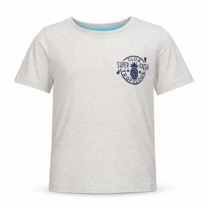 Front view of Tu boys’ beige cotton basic t-shirt, size 5-6, years round neck