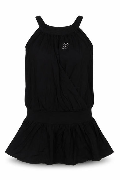 Front view of Bambolita women’s black viscose tunic blouse, size L, round neck