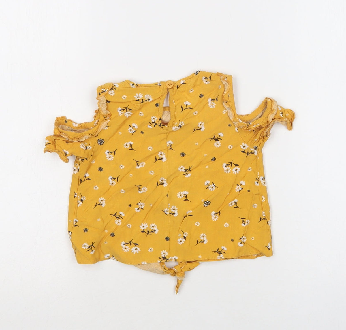 Back view of Primark girls’ yellow floral viscose basic blouse, size 2-3, years crew neck button