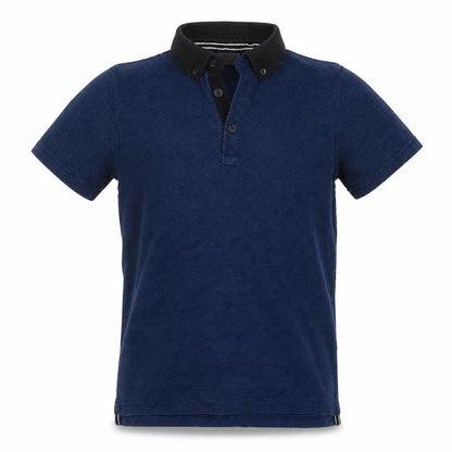 Front view of F&F boys’ blue cotton basic polo, size 6-7, years collared pullover