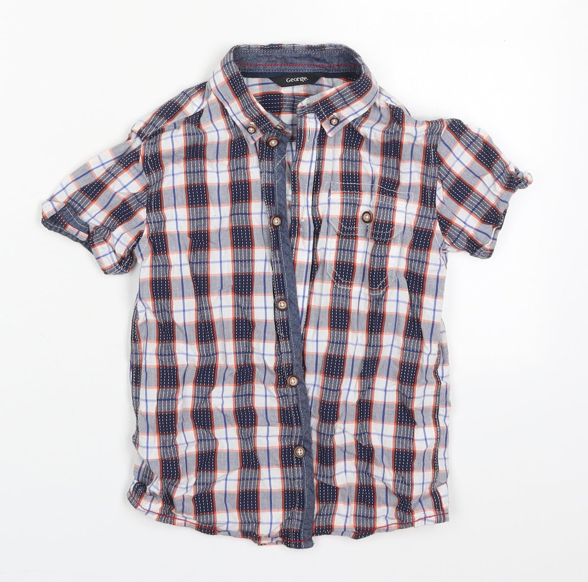 Front view of George boys’ blue check cotton basic button-up, size 6-7, years collared button - orange