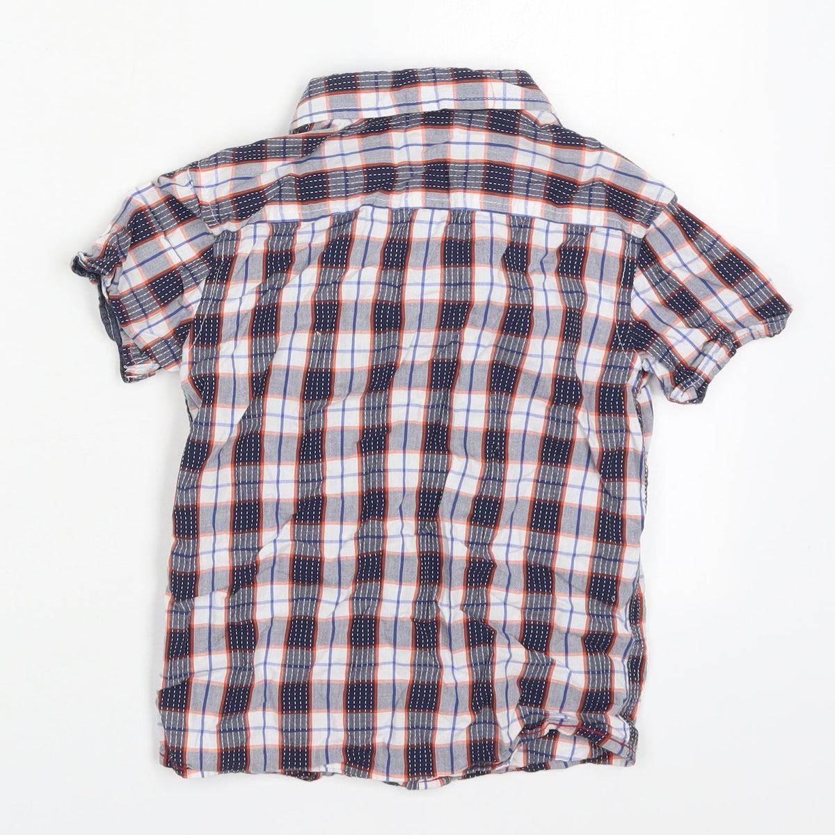 Back view of George boys’ blue check cotton basic button-up, size 6-7, years collared button - orange