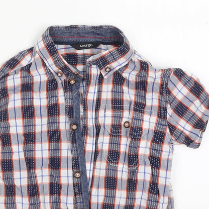 Close-up detail of George boys’ blue check cotton basic button-up, size 6-7, years collared button - orange
