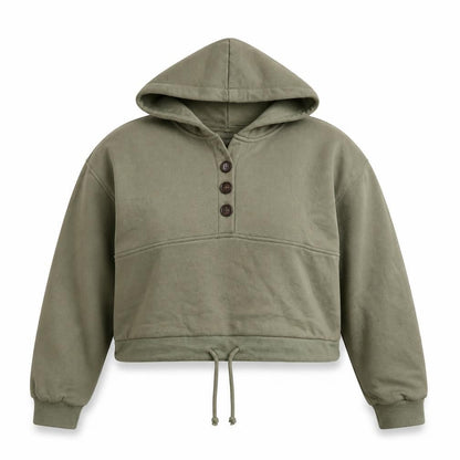 Front view of Primark women’s green polyester pullover hoodie, size UK 6, pullover