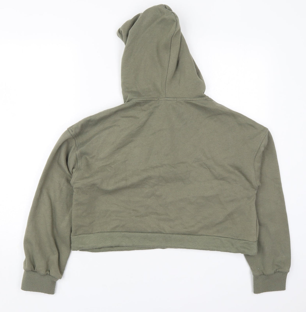 Back view of Primark women’s green polyester pullover hoodie, size UK 6, pullover