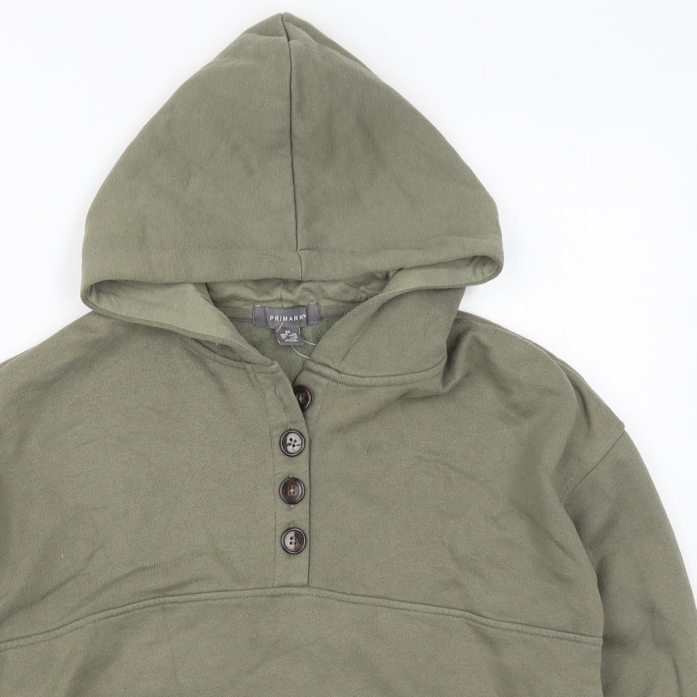 Close-up detail of Primark women’s green polyester pullover hoodie, size UK 6, pullover