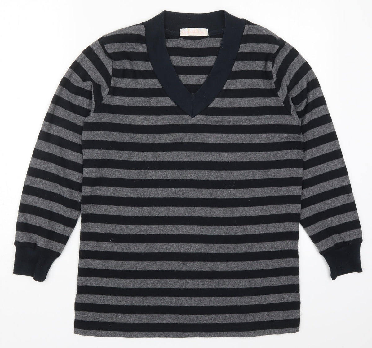 Additional front view of Casual Comfort women’s grey striped polyester pullover sweatshirt, size UK 12, pullover