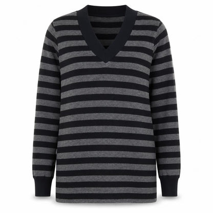 Front view of Casual Comfort women’s grey striped polyester pullover sweatshirt, size UK 12, pullover