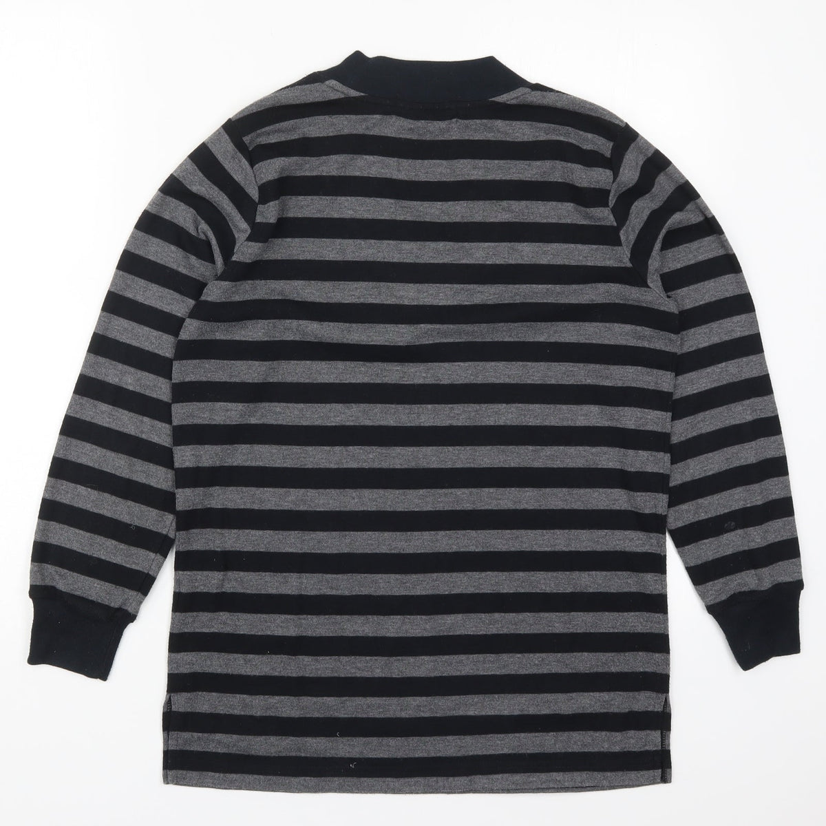 Back view of Casual Comfort women’s grey striped polyester pullover sweatshirt, size UK 12, pullover