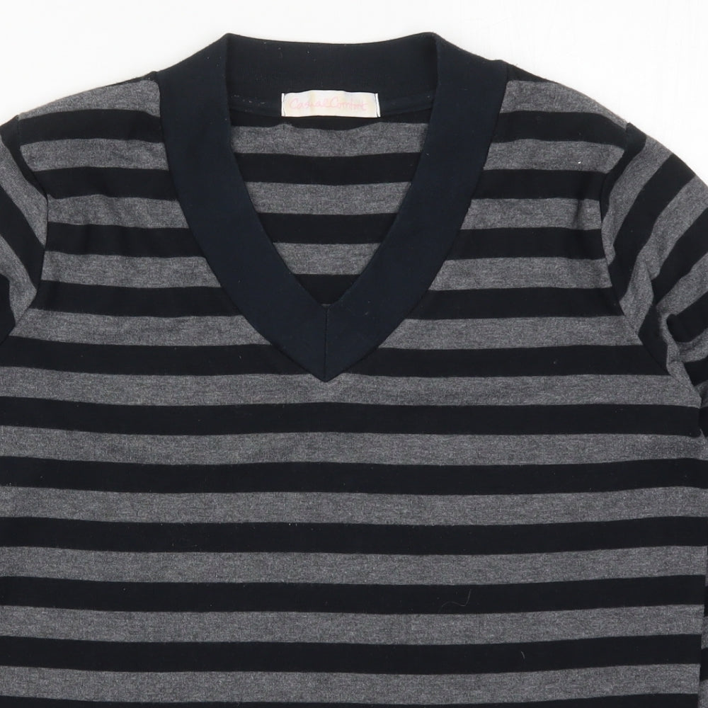 Close-up detail of Casual Comfort women’s grey striped polyester pullover sweatshirt, size UK 12, pullover