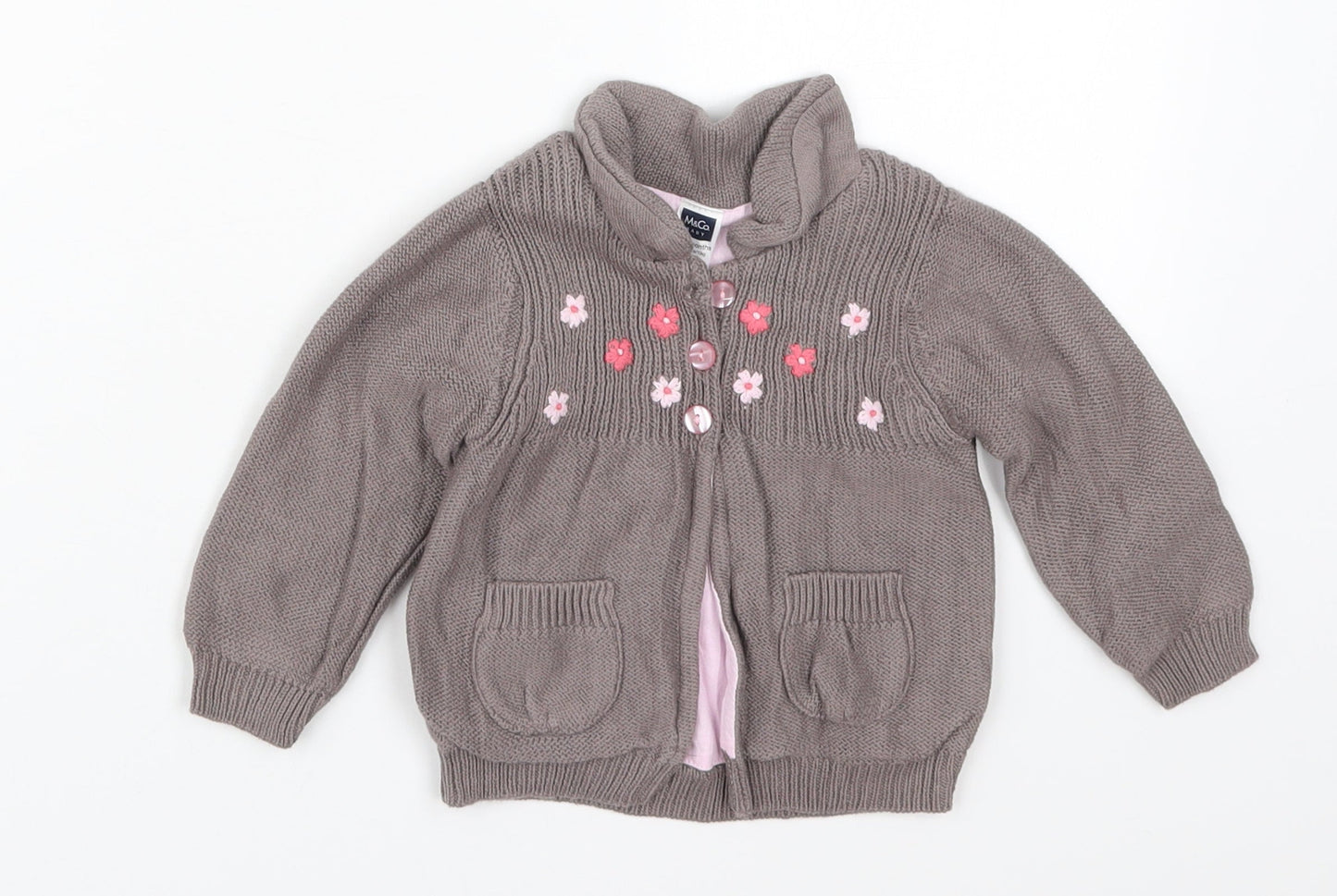 M&Co Girls Brown Floral Cotton Cardigan Jumper Size 9-12 Months  Button