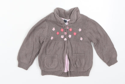 M&Co Girls Brown Floral Cotton Cardigan Jumper Size 9-12 Months  Button