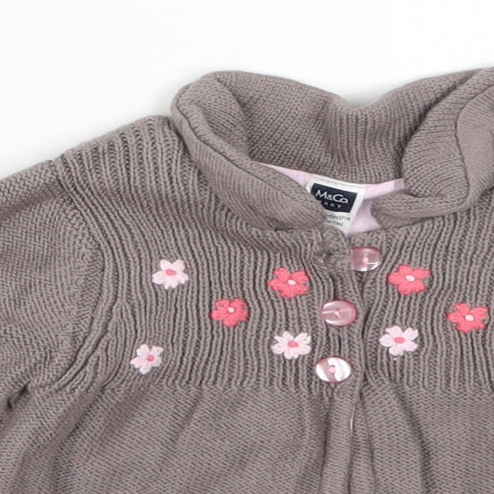 M&Co Girls Brown Floral Cotton Cardigan Jumper Size 9-12 Months  Button