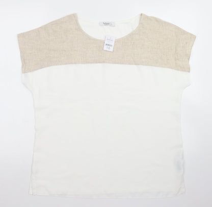 Nutmeg Womens Beige Colourblock Viscose Basic Blouse Size 16 Round Neck