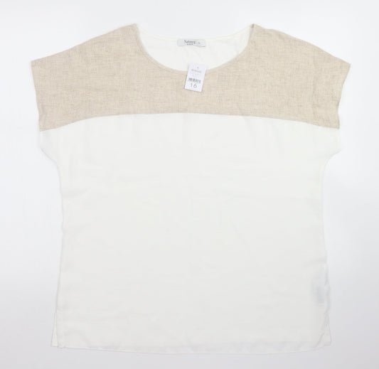 Nutmeg Womens Beige Colourblock Viscose Basic Blouse Size 16 Round Neck