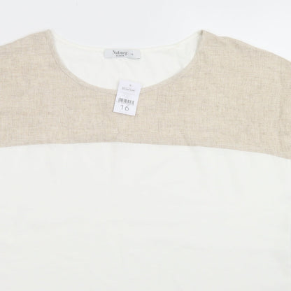 Nutmeg Womens Beige Colourblock Viscose Basic Blouse Size 16 Round Neck
