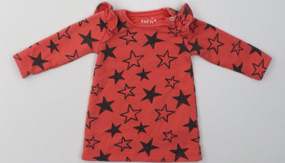F&F Girls Red Geometric Cotton Jumper Dress  Size 3-6 Months  Crew Neck Buckle - Star Print