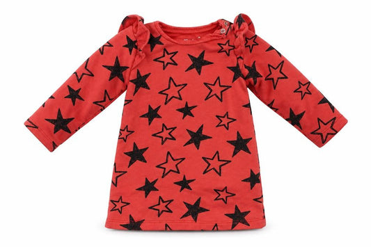 F&F Girls Red Geometric Cotton Jumper Dress  Size 3-6 Months  Crew Neck Buckle - Star Print