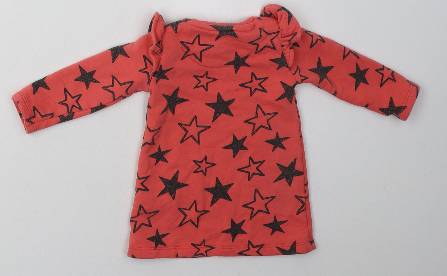 F&F Girls Red Geometric Cotton Jumper Dress  Size 3-6 Months  Crew Neck Buckle - Star Print
