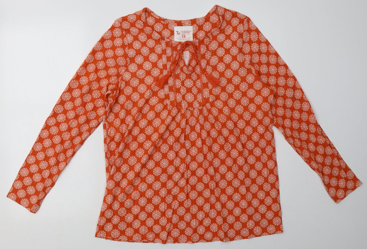 Additional front view of TU women’s orange geometric cotton pullover sweatshirt, size UK 14, pullover
