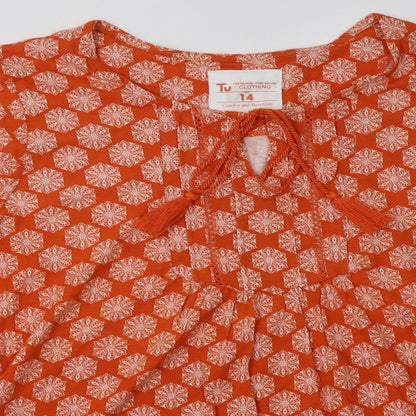 Close-up detail of TU women’s orange geometric cotton pullover sweatshirt, size UK 14, pullover