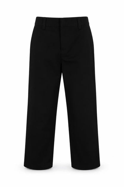 Front view of George boys’ black polyester capri trousers, size 5-6, years regular hook & eye - school wear