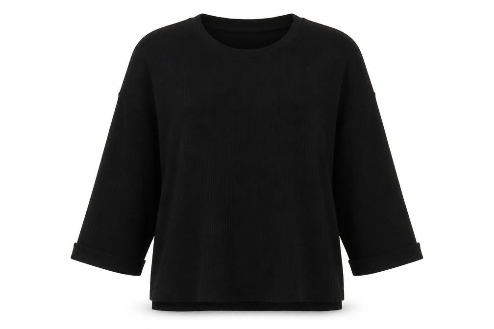Front view of H&M women’s black polyester pullover sweatshirt, size L, pullover