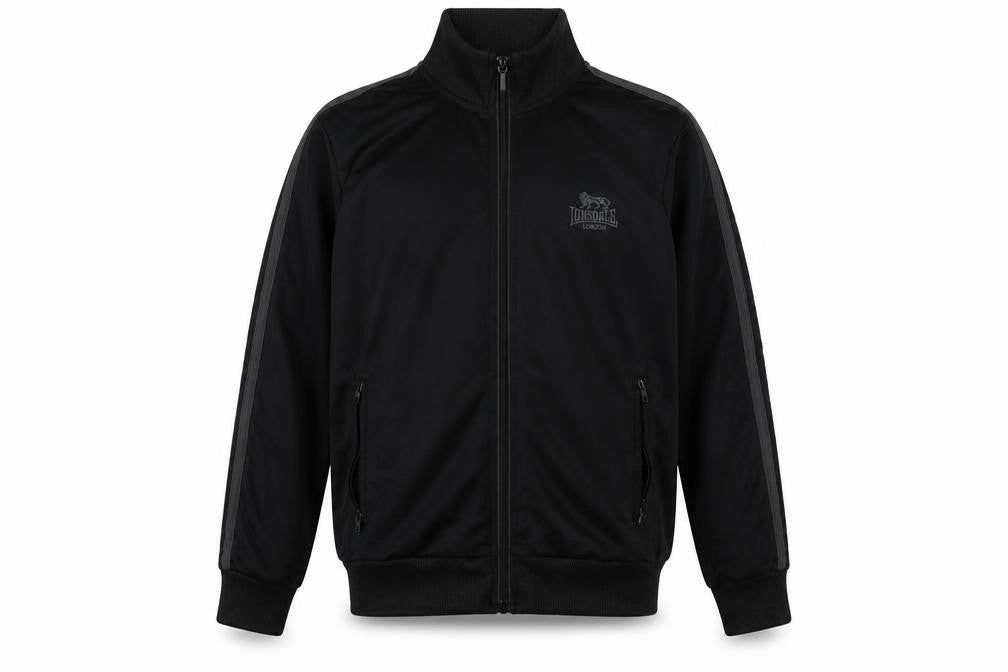 Front view of Lonsdale boys’ black striped polyester full zip sweatshirt, size 11-12, years zip