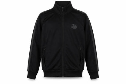 Front view of Lonsdale boys’ black striped polyester full zip sweatshirt, size 11-12, years zip