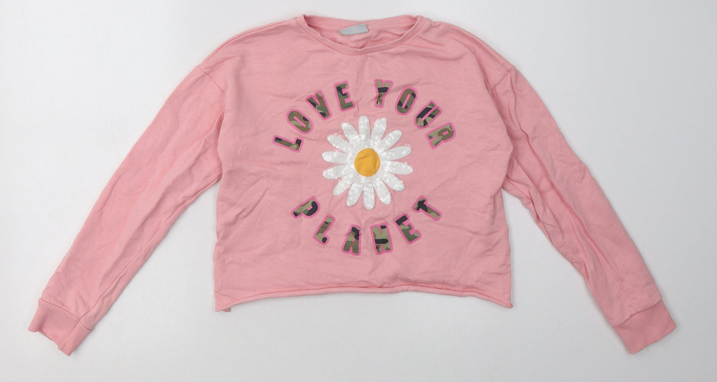 ext Girls Pink  Cotton Basic Casual Size 10 Years Crew Neck Pullover - love your planet