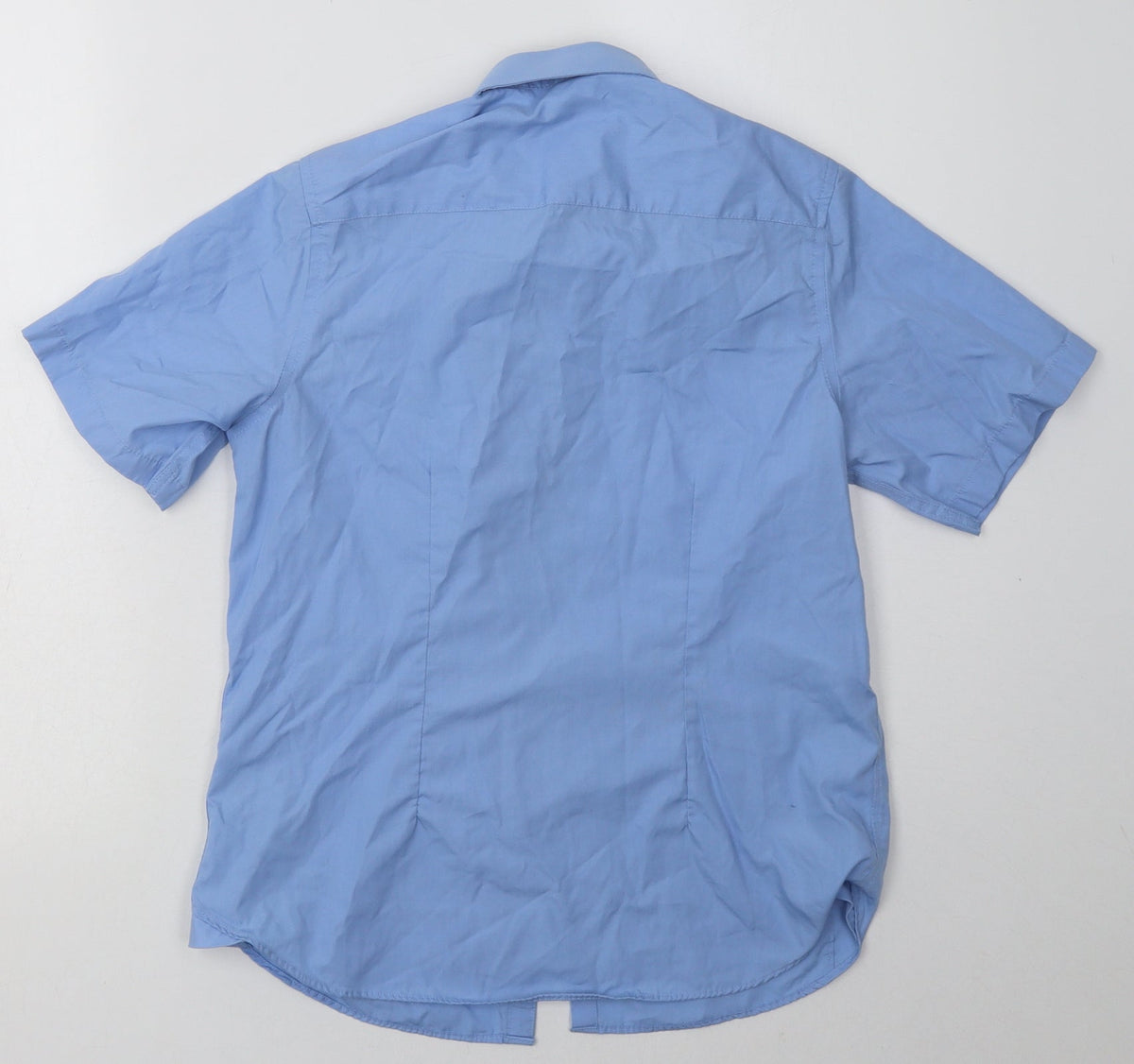 Back view of Marks & Spencer boys’ blue polyester basic button-up, size 12-13, years collared button - school wear