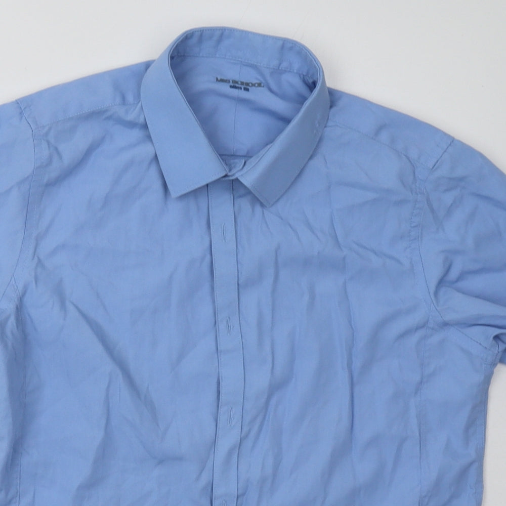 Close-up detail of Marks & Spencer boys’ blue polyester basic button-up, size 12-13, years collared button - school wear